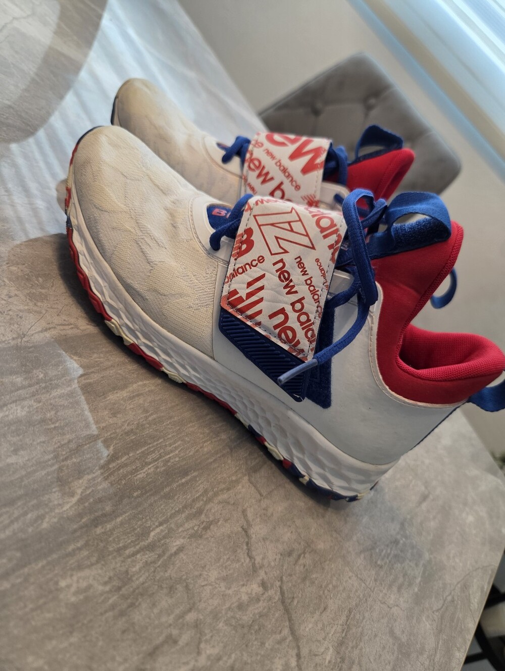 New Balance White, Red & Blue Athletic Sneakers with Logo Strap